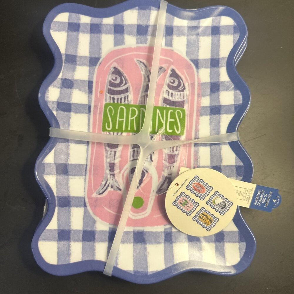 Set Of 4 C&C Cali Assorted‎ SARDINES Melamine Appetizer Plates Nautical Blue